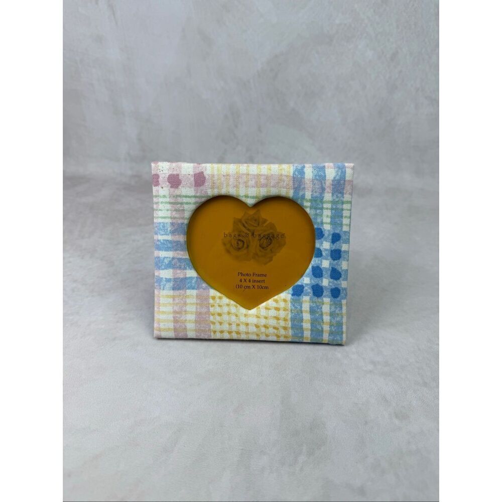 Vintage Heart Picture Frame Plaid Fabric Cottagecore 4x4 Shabby Chic